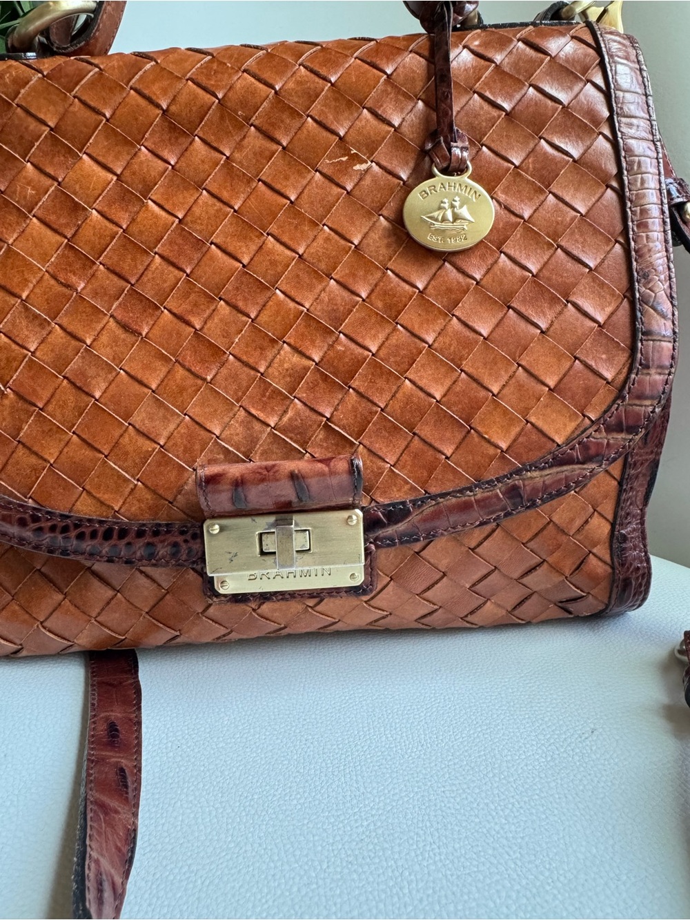 Brahmin Debi Pecan Melbourne Brown Leather Woven Satchel Crossbody Bag - Picture 4 of 12